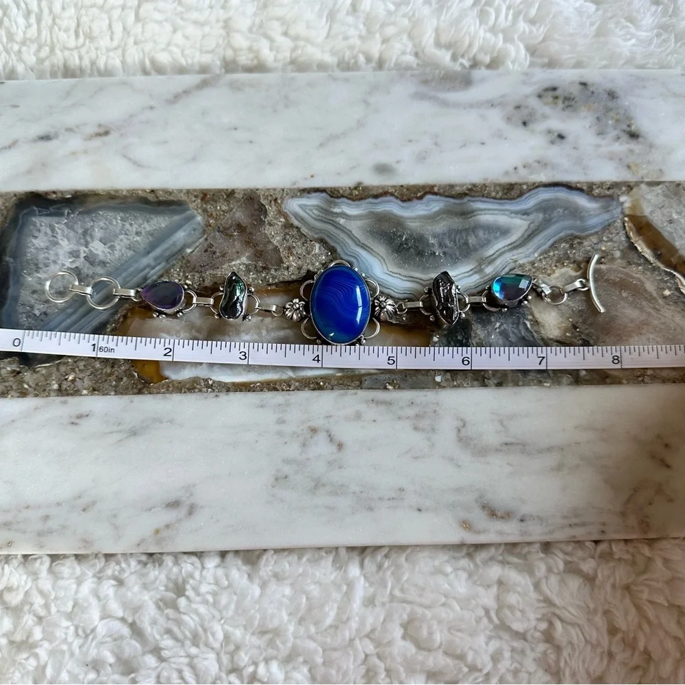 2137 Stunning Blue and Silver Bracelet with Floral Accents